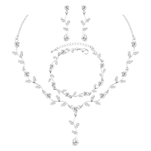 Elegant Bridal Jewelry Sets for Wedding Bride Leaf Shape Cubic Zirconia Necklace Earrings Bracelet Set Prom Costume Accessories