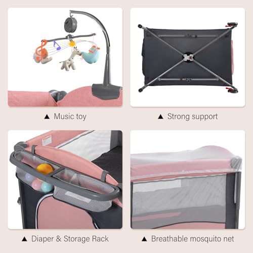 Image of Soobaby 5 in 1 Baby Crib,Baby Bassinet, Bedside Cribs, Pack and Play with Changing Table, Portable Travel bedToys & Music Box,Mattress for Girl Boy Infant Newborn (Pink)
