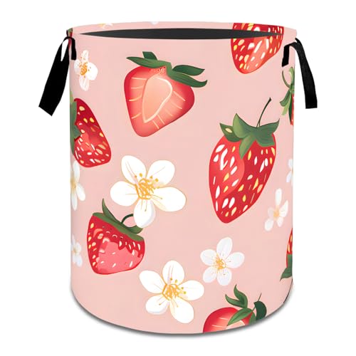 MIEPOS Fresh Strawberry Laundry Basket,Dirty Clothes Hamper,Red Fruit and Floral Storage Bin Gifts,Foldable Waterproof Oxford Cloth Baskets for Bathroom,Bedroom,Sweet Home Decoration(19.7" x 15.7")