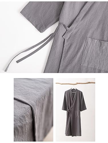 MOLUCI Men's Women's Cotton Linen Bathrobe Couples Japanese-Style Absorbent Quick-Drying Kimono Yukata Sauna Robe,Gray,L2