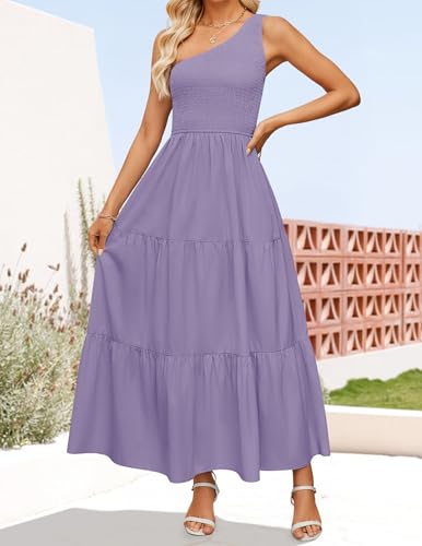 Image of ZESICA Women's 2026 Bohemian Summer Floral Print One Shoulder Sleeveless Smocked Ruffle Tiered Beach Long Midi Dress