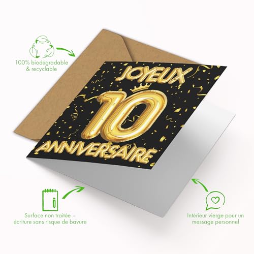 Edition Colibri Carte d'anniversaire - Ballon doré 10 anniversaire | Carte pliée (15x15 cm) – avec enveloppe kraft – Intérieur vierge – vue 3