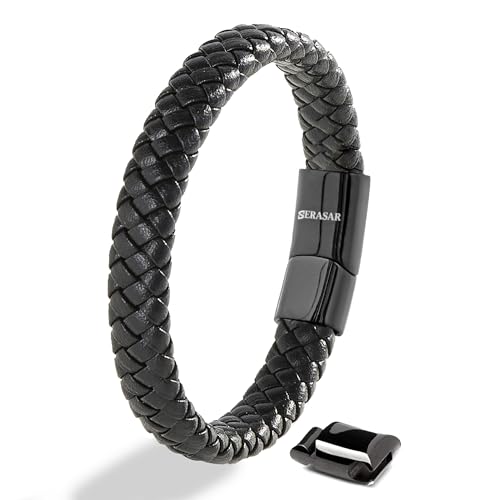 SERASAR 20cm Negro Pulsera de Cuero Hombre Pulseras Hombres Brazalete Brazaletes Pulso Muñequera Muñequeras Bisuteria Bisutería Joyeria Nudos Cuerda Cuerdas Bracelet Jewellery Unisex Ancha