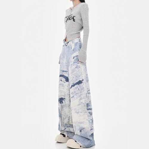 Women's Fashionable Casual Pants American y2k Loose Retro Blue and White tie dye Slim Straight Leg Jeans3