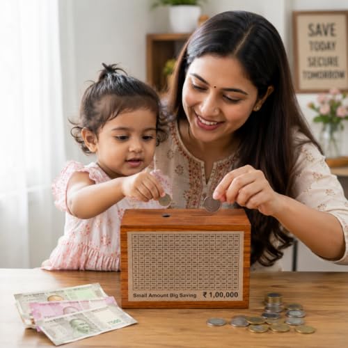 Image of Unbreakable Wooden Money Saving Box for Adults - 1 Lakh Capacity | Reusable Piggy Bank | Money Bank with Amount 100000 | One Lakh Gullak, Kidddy Bank for Kids, Men, Women, Girls, Boys | 1 Yr Warranty