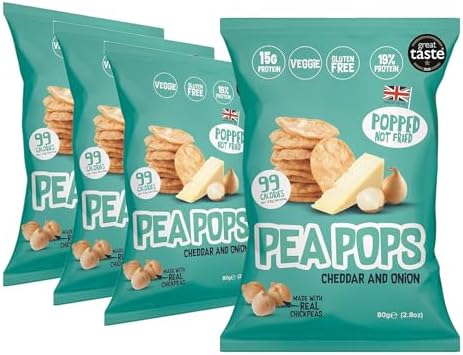 Pea Pops Healthy Protein Chips - Delicious Chikpea Crisps Less Fat, Low Calorie, Gluten Free, Vegan Protein Snacks, Popped (Not Fried) 23g (PACK OF 4, Cheddar & Onion 70g)