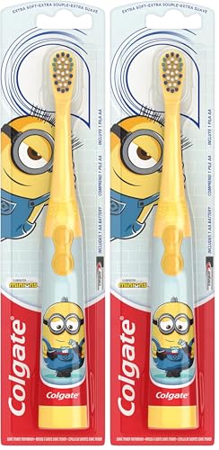 Image of Colgate Kids Battery Powered Toothbrush | Minion Design | Extra Soft Bristles | Flat-Laying Handle | 2 Pack