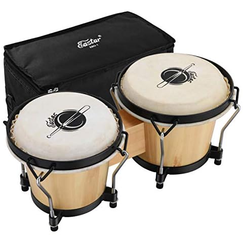 Eastar EBO-1 6''+7'' Bongo Drums for Beginners, Wooden Bongos in Natural Finish with Light Hard Bag and Adjusting Wrench Cover