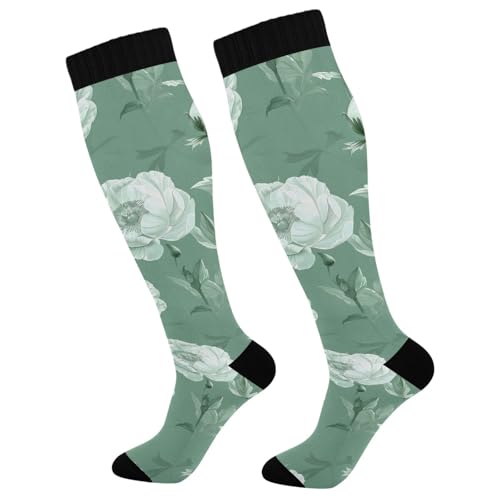 MFTJYO White Rose Flower White Pattern Women's Compression Socks for Women Men Knee High Socks Long Circulation for Athletic Running
