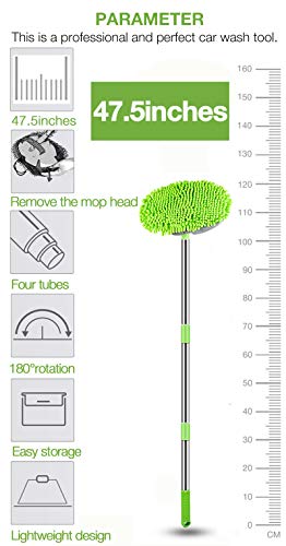 WillingHeart 47.5" Car Wash Brush Mop Cleaning Tool with Long Handle Kit for Washing Detailing Cars Truck, SUV, RV, Trailer, Boat 2 in 1 Chenille Microfiber Sponge Duster Not Hurt Paint Scratch Free