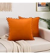Elegant Comfort POM-POMS Fringe Velvet Cushion Covers Set of 2, Velvet Soft Solid Decorative Squa...