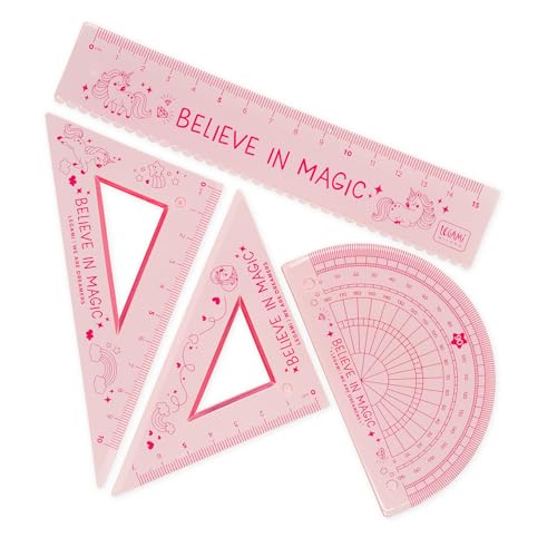 Legami - Set di Geometria, Set con Righello da 15 cm, Squadra 60° da 10 cm, Goniometro 180° per la Scuola, Custodia Inclusa, Materiale Flessibile, Tema Unicorn