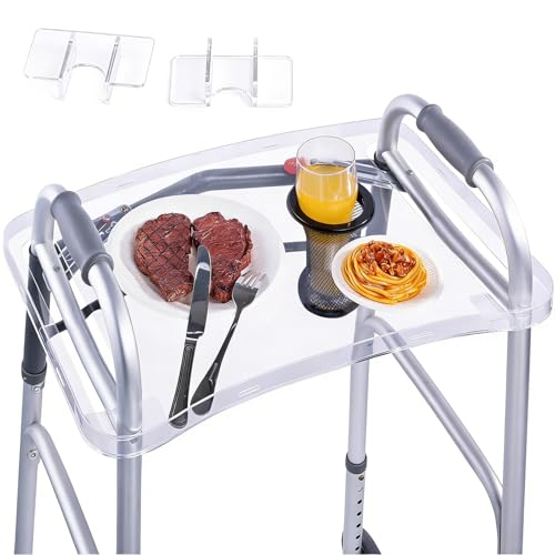 BAGSFY Clear Walker Tray Table with Cup Holder, Non-Slip Food Tray, Fits Standard Folding Walkers with Side Bars, Walker Accessories for Seniors, Supports Up to 10 lbs