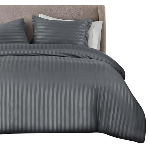 Double Duvet Cover Set Satin Fabric Beautiful Stripe Design Quilt Cover Bedding Sets with 2 Pillowcases - Hypoallergenic, Soft Reversible Charcoal