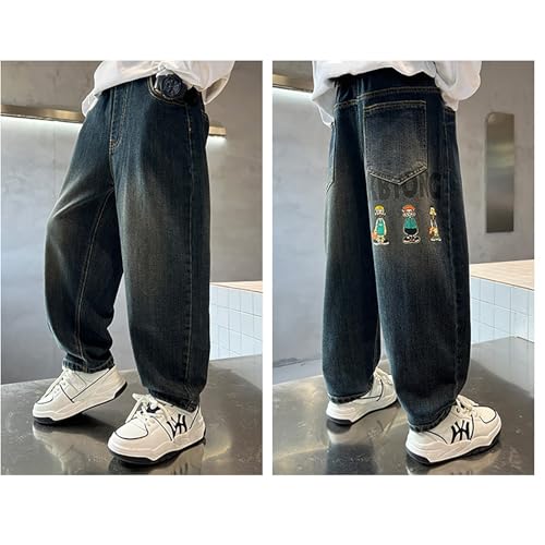 Boys Baggy Jeans Vintage Straight Wide Leg Denim Pants Kids Elastic Waist Cute Pattern Trousers 2025 Y2K Streetwea3