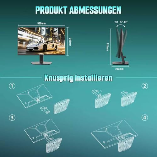 Minifire Gaming Monitor 24 Zoll, 200 Hz, 1ms, FreeSync, Full HD(1920 x 1080), Rahmenlos Bildschirm, Einstellbar, 300Nits, sRGB 110%, HDMI 2.0&DP 1.4-(MFG24F4H)