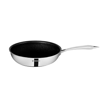 BERGNER Hitech-Peek Triply Stainless Steel Sautepan/Deep Frypan 24 cm with Steel Lid, Non Stick Performance Coating, Induction Bottom, Gas Ready, Metal Spatula Friendly