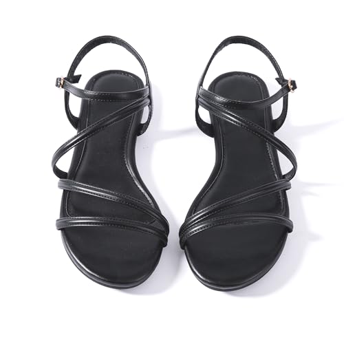 Mtzyoa Women Flat Sandals Black Size 9 Dressy Gladiator Strappy Comfortable Summer Ankle Strap Open Toe Casual Leather Ladies Party Trendy Vacation