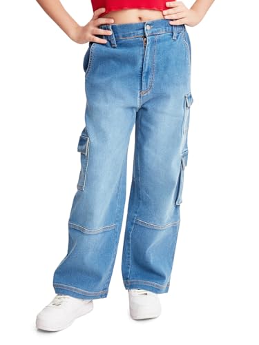 Image of olele Girls Super Jeans Collection for 4-14 Yrs | Stretchable Cotton Denim Trousers | Blue Jeans for Kids | Baggy Denim Pants | Cargo Pants for Girls