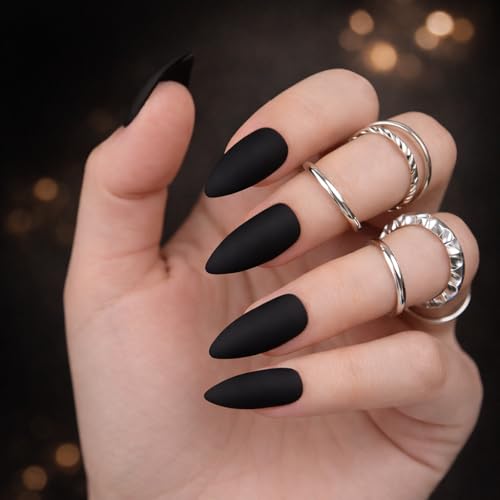 Image of Press On Nails for Women Fake Nails 24 Pcs Nail Extension kit Stick On Nails with Glue and Manicure Kit|Urban Cloud Polished Gloss Press On Nails | ABS Material UV Protected (Black - Long Stiletto)