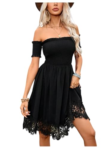 SOLY HUX Women's Summer Off The Shoulder Lace Shirred Flowy Short Dress Music Festival Vacation Outfits