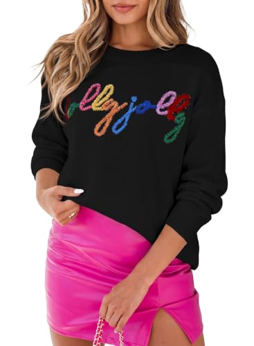 Image of LEMAFER Women 2026 Merry Christmas Round Neck Sequin Letters Sweater Casual Solid Slogan Long Sleeve Pullover Sweatshirt Tops