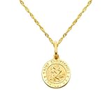 The World Jewelry Center 14k Real Yellow Gold Religious Saint Christopher Medal Pendant with 1.2mm Singapore Chain Necklace - 20