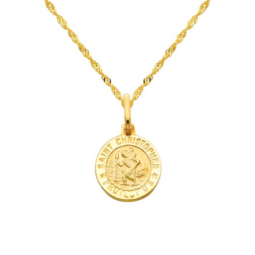 The World Jewelry Center 14K Real Yellow Gold Religious Saint Christopher Medal Pendant With 1.2Mm Singapore Chain Necklace - 20" #TOP5