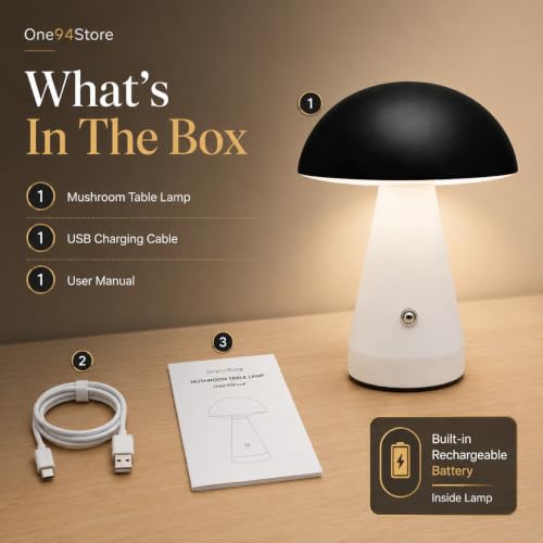 Image of One94Store Mushroom Table Lamp | Touch Control Dimmable Desk Lamp with Warm Light | USB Rechargeable Modern Bedside Lamp for Bedroom & Living Room
