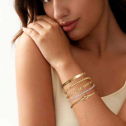 Kit 6 bracelets réglables anti-ternissement mailles Figaro et chevrons or