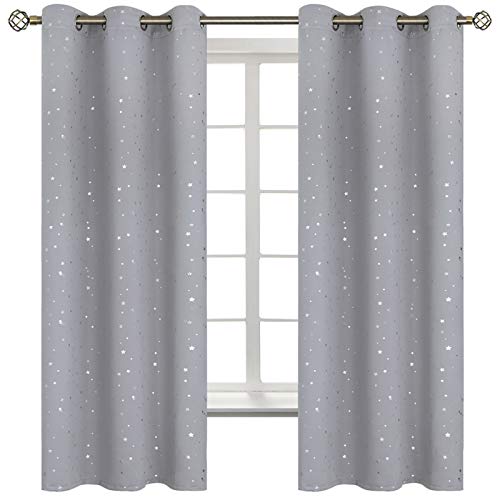 Image of BGment Kids Blackout Curtains for Bedroom - Grommet Thermal Insulated Silver Star Print Room Darkening Curtains for Kids Room, Set of 2 Panels, 38 x 63 Inch, Light Grey