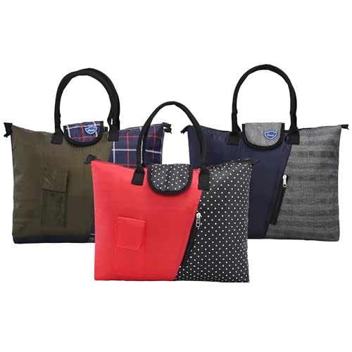 Image of Urbane Home Pack of 3 Foldable Shopping Bags For Women with 3 Small Pockets | Thick Grocery /Vegetable Bags For Market | Dot Print -Maroon