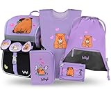 Baagl Schulranzen Mädchen Set 5 Teilig (Zippy Schultasche für 1. Klasse, Mäppchen, Turnbeutel, Schürze, Brustbeutel), Grundschule Ranzen, Ergonomischer Schulrucksack, 18 l (Wasserschwein)