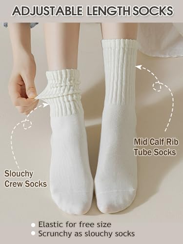 Image of 6 Pairs Women Slouch Socks, Mid Calf Rib Tube Scrunchy Slouchy Crew Socks for Women, Cotton Casual Socks