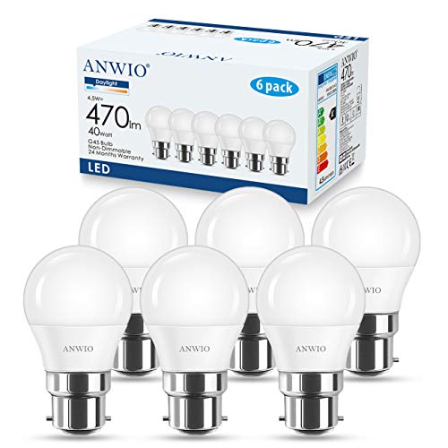 ANWIO Daylight Bayonet Light Bulbs, 4.5W G45 Mini Golf Ball light Bulbs,Large Bayonet Energy Saving Lightbulbs 40W Equivalent, 470Lm,6500K Cool White B22 LED Bulb,Non-Dimmable (6 PCS)
