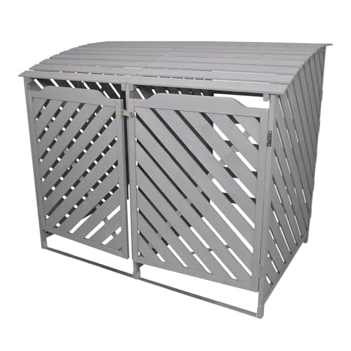 Double Wheelie Bin Storage Shed Store Hideaway Wooden Dustbin Trash Cupboard Outdoor Grey Wash Timber Cover Lockable Latched Chain Recycling Garden FREE Fixing Kit 122cm (H) x 149cm (W) x 92.5cm (D)