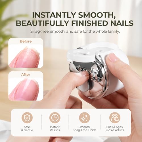 Electric Nail Clipper for Seniors and Babies, Automatic Nail Trimmer with LED Light & Magnifier, 3-Speed Nail Grinder with Catcher, Rechargeable Toenail Clippers for Thick Nails, Home & Travel (White) — view 3