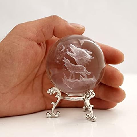 vskikris 2.36in 3D Laser Crystal Howling Wolf Figurine Crystal Ball Paperweight with Stand Base - 3D Engraving Crystal Wolf Gift Home Decor Cover