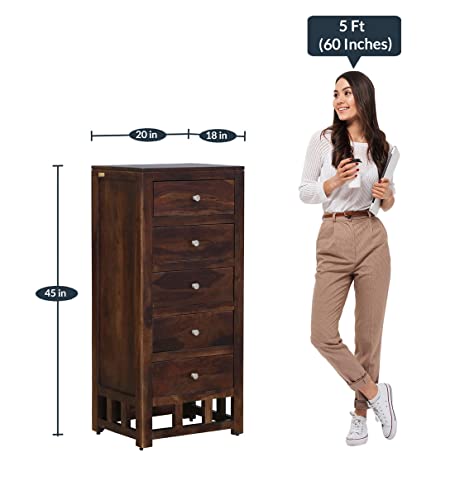 Image of Chest of Drawer for Living Room | Bedroom | Kitchen | Hall with 5 Storage Drawer (1 Piece, Solid Wood, Teak Finish, 20x18x45 Inch)