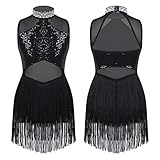 JEATHA Kids Girls Latin Jazz Modern Dance Costume Sequins Cut Out Back Leotard Tassel Dress Dancewear Black A 16 Years