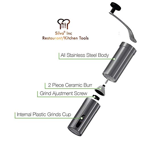 Silva Manual Coffee Grinder - Hand Coffee Bean Grinder | Ceramic Burr Coffee Mill For French Press, Espresso, Turkish, Aeropress - Brushed Stainless Steel - Bonus Scoop #TOP3