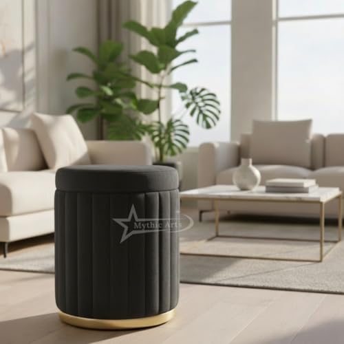 Image of Round Strip Stool with Cushion Foot Rest Office Stool Pouf Ottoman Padded Seat in Living Room - Black