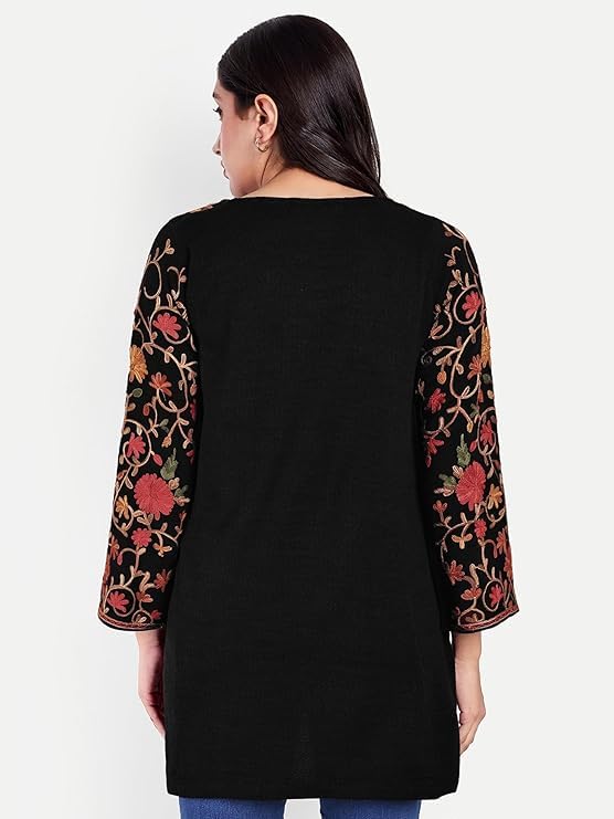 Image of HAUTEMODA Women Woollen Short Kashmiri Embroidery Phiran Kurta