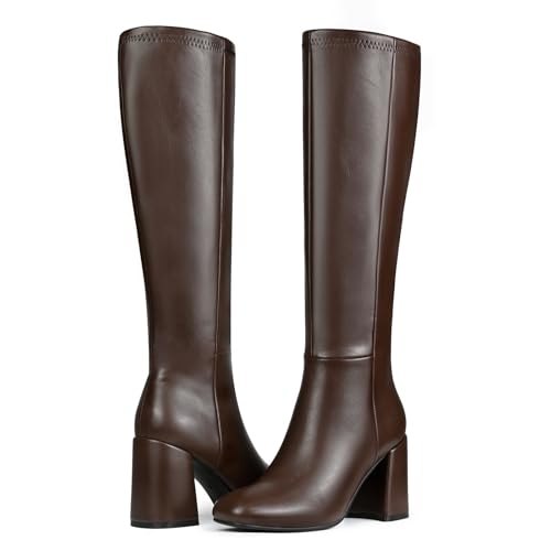 Image of Women's Knee High Boots Faux Leather Square To Tall Boots Fashion Chunky Block Heel Long Boots with Side Zip