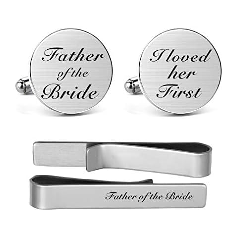 MUEEU Father of The Bride Cufflinks I Loved Her First Cuff Links Engraved Anniversary Wedding Party Cufflinks & Tie Clip Bar Tacks (Round I Loved her First Cufflinks Set) Cover