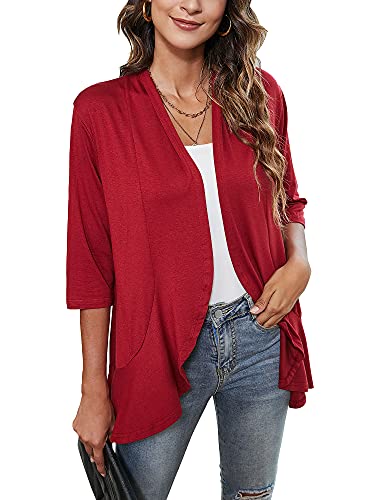 Image of Chunoy Women Solid 3 /4 Sleeve Duster Ruffles Causal Lightweight Kimono Cardigan Open Front Blazer Sweater Tops Wine Red Small