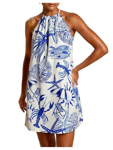 Image of SweatyRocks Women's Tropical Print Halter Dresses Sleeveless Holiday Summer Mini Dress