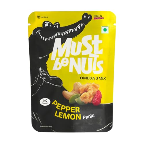 Image of Must Be Nuts Pepper Lemon Panic Mix | High in Omega 3 | Pack of 10 | Walnuts, pumpkin seeds, cashews, cranberries with lemon-pepper seasoning. Omega 3 rich. No added oil or MSG. 7g protein.