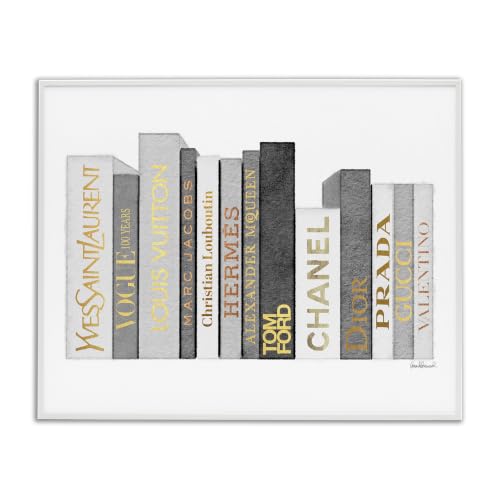 'Horizontal Fashion Book Stack Glam Grey Gold'| Framed Giclee Art