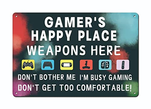 Gamer's Happy Place - Weapons Here - 8x12 Inch Metal Tin Sign Gamer Gifts for Teen Boys Girls, Gaming Room Decor